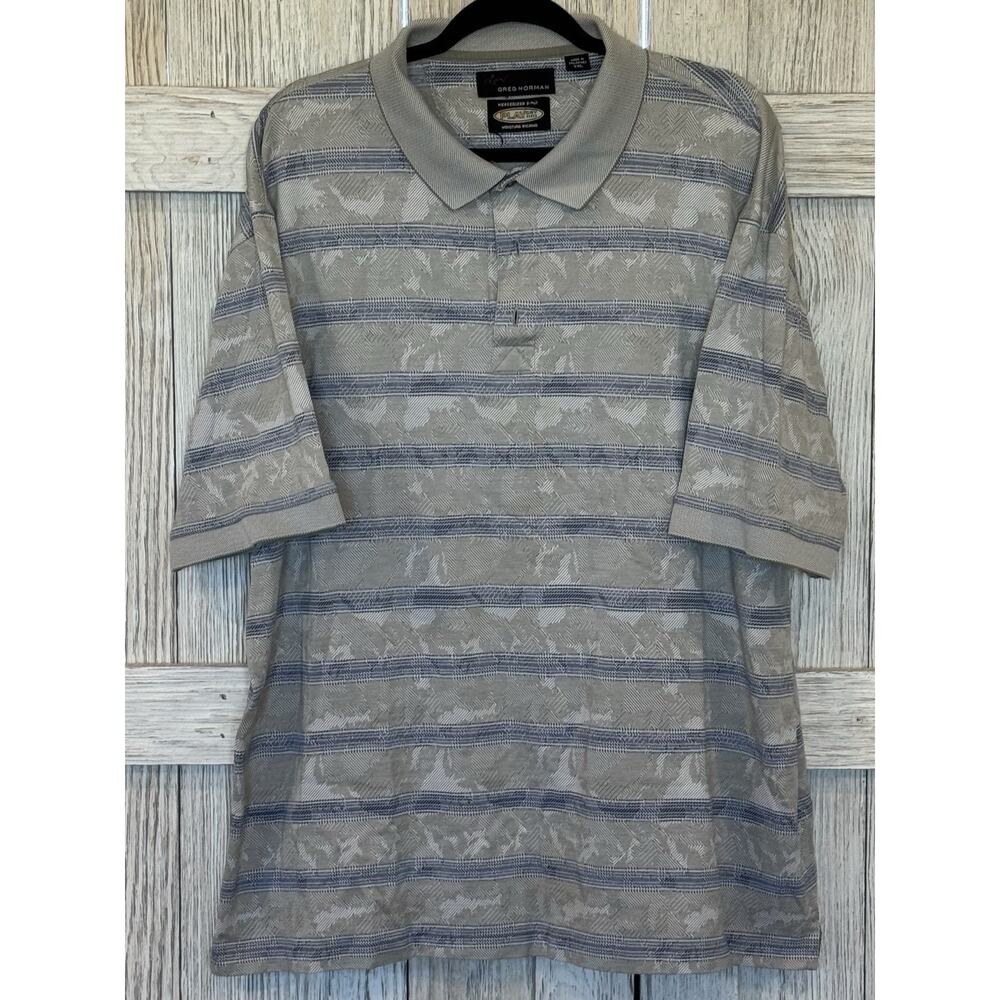 Greg Norman Mens Polo shirt XXL Beige Blue striped Golf